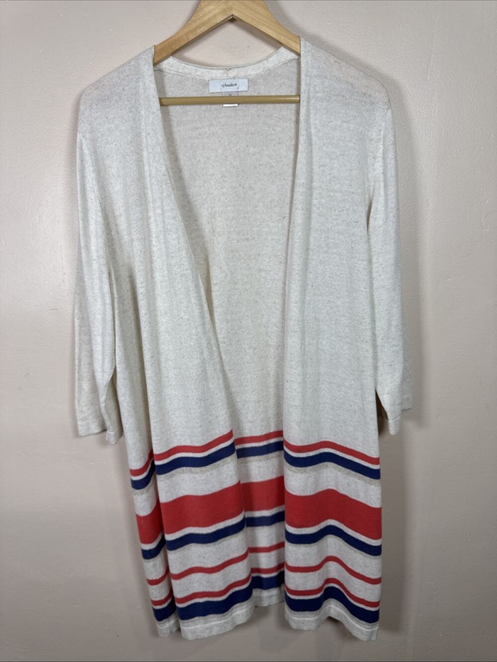 Cj Banks Womens Long Open Front Cardigan Cotton Linen Striped 1X Coastal Preppy